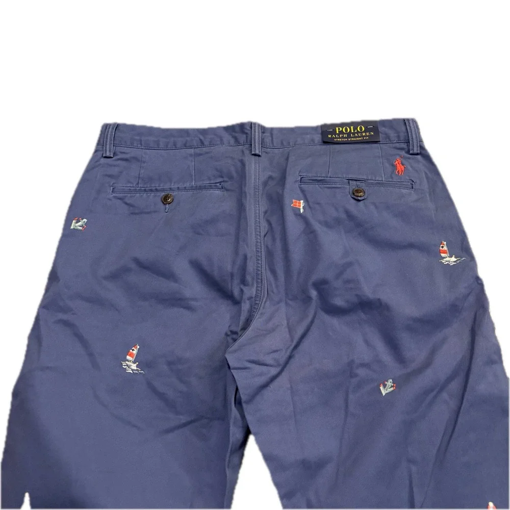 Polo Ralph Lauren Mens Navy Nautical Embroidered Stretch Straight Pant 34x32 NWT